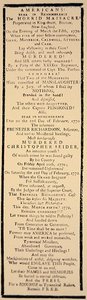 Handbill kommentoi kapteeni Prestonin ja kuuden sotilaan vapauttamista oikeudenkäynnin jälkeen lokakuussa 1771 (litho) tekijältä American School