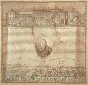 Nenäliina kenraali Lafayetten (1757-1834) saapumisen muistoksi vuonna 1824 (puuvillaa) tekijältä American School
