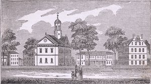 Harvardin yliopisto, Cambridge, lähteestä "Historical Collections of Massachusetts", kirjoittanut John Warner Barber, 1839. tekijältä American School