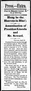 Otsikko, jossa kerrotaan Abraham Lincolnin (1809-65) salamurhasta ja William Sewardin (1801-72) salamurhayrityksestä Press Extrasta, 15. huhtikuuta 1865 (painettu) tekijältä American School