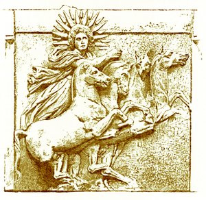Helios vaunuissaan, Victor Duruyn kuvitus Kreikan historiasta, julkaistu 1890 (digitaalisesti paranneltu kuva) tekijältä American School