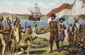 Henry Hudson laskeutumassa Manhattanille tekijältä American School