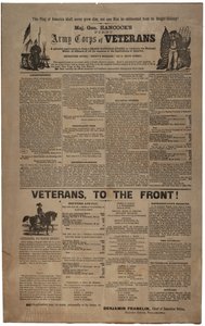 Kuvitettu Philadelphia rekrytointijuliste kenraalimajuri Hancocksin ensimmäisen armeijan veteraanijoukolle, mukaan lukien Unionin mies ja nainen, helmikuu 1865 tekijältä American School