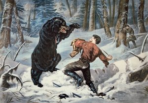 Grizzly-karhu hyökkäsi Jedediah Smithiin (1799-1831), n. 1861 (väri litho) tekijältä American School