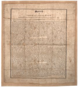 Jeffersonin ensimmäinen avajaispuhe, painanut Pechin, Baltimore, 4. maaliskuuta 1801 (litho silkillä) tekijältä American School
