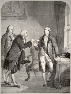 John Adams (1735-1826) ensimmäisenä Yhdysvaltain suurlähettiläänä Englannin hovissa, luovuttamassa valtakirjansa kuningas George III:lle (1738-1820) (litografia) tekijältä American School