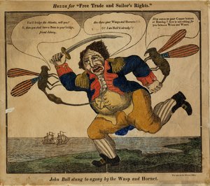 John Bull pisti tuskaan ampiaisen ja hornetin toimesta, 1813 (käsinvärinen kohokuvio)