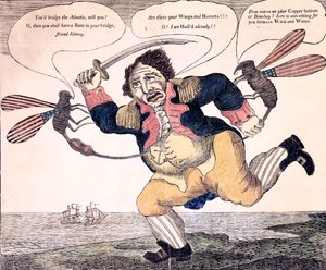 John Bull pisti tuskaan ampiaisen ja hornetin toimesta, n. 1813 tekijältä American School