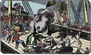 La mort du pirate gentilhomme Jean Lafitte (1780-1826), kaiverrus "Merirosvon oma kirja" 1837. tekijältä American School