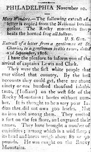 Kirje, jossa ilmoitetaan kapteenien Lewisin ja Clarkin saapumisesta, The Boston Intelligencer, 19. marraskuuta 1806 (tulostus) tekijältä American School