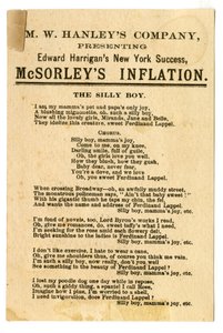 Itinatanghal ni M.W. Hanleys Col ang pinakabagong N.Y. Success ni Edward Harrigans, McSorleys Inflation [theatre card]. Verso, c.1882 (lithograph [trade card])finn tekijältä American School