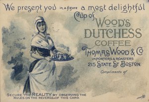 Maid tarjoilee kahvia, mainos Woods Duchess Coffeelle, Boston