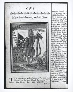 Majuri Stepe Bonnet, sivu 38 julkaisusta Histories and Lives of All the Notorious Pirates and their Crews, Lontoo, 1725 tekijältä American School
