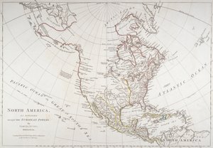 Kartta, joka esittää Pohjois-Amerikan Euroopan valtojen jakamana, 1774