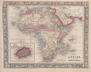 Afrikan kartta, jossa näkyy sen viimeisimmät löydöt St. Helenan saarella, Mitchellsin uudesta yleiskartasta vuodelta 1863 (värikaiverrus)