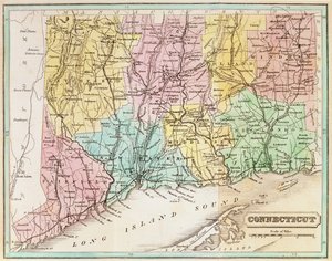 Connecticutin kartta, John Warner Barberin "Connecticut Historical Collections" -julkaisusta, 1856