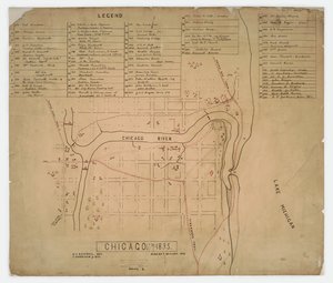 Kartta historiallisista taloista ja kohteista Chicagossa, Illinoisissa, n. 1835 tekijältä American School