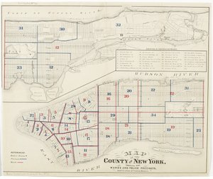 New Yorkin piirikunnan kartta, jossa näkyvät osastot ja poliisiasemat sekä asematalojen sijainti, 1870 (muste paperille) tekijältä American School