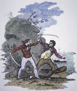 Mary Read taistelee toista merirosvoa vastaan pelastaakseen miespuolisen rakastajansa hengen (värillinen kaiverrus) tekijältä American School