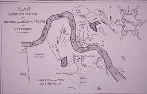 Meksikon ja Amerikan sota (1846-48), kartta Yhdysvaltain joukkoista Rio Granden ja Matamorosin lähellä tekijältä American School