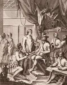 Montezuma luovuttaa valtakuntansa Espanjan kuninkaalle, antaa hänelle kunnianosoituksen ja vannoi tottelevaisuuttaan, Antonio de Solis y Rivadeneira Solis: Meksikon valloituksen historia, Ximenon kaivertama tekijältä American School