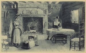 Uuden Englannin pioneerikoti (litografia) tekijältä American School