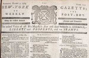 New York Gazetten masthead ilmoittaa vastustavansa postimerkkejä, painettu 7. marraskuuta 1765 (painettu) tekijältä American School