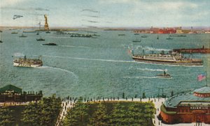 New Yorkin satama Batterysta, jossa Vapaudenpatsas ja Ellis Island, n. 1910 tekijältä American School
