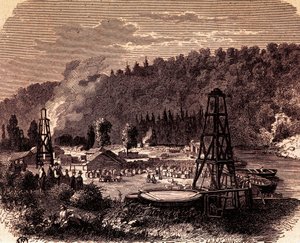 Öljykentät Titusvillessä Pennsylvaniassa, Edwin Laurentine Draken vuonna 1859 keksimä ensimmäinen kaivo Derrick, kaiverrus, USA tekijältä American School