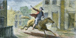 Paul Reveren kuuluisa ratsastus yöllä 18. huhtikuuta 1775 (värinen lito) tekijältä American School