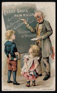 Perry Davis kipulääke, mainos 1800-luvun puolivälissä (chromolitho) tekijältä American School