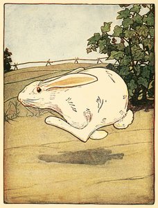 Peter ei koskaan lopettanut juoksemista, pubista The Tale of Peter Rabbit. 1916 värilitografia, 1916. tekijältä American School