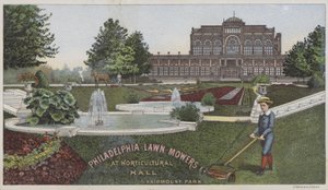 Philadelphian ruohonleikkurit puutarhataloushallissa (chromolitho) tekijältä American School