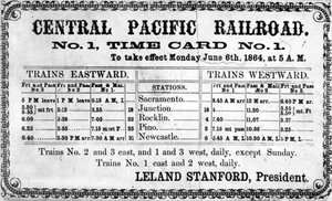 Valokuvatuloste Central Pacific Railroad Companyn alkuperäisestä aikataulusta 6. kesäkuuta 1864 1864 tekijältä American School