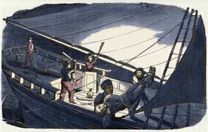 Merirosvo Charles Gibbs (1800-luvun alussa) tappaa kapteeni Thornbyn ja heittää hänet mereen. Kaiverrus kirjasta "Merirosvon oma kirja" 1837. tekijältä American School