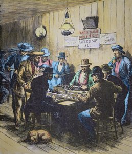 Faron soittaminen salongissa Cheyennessa, Wyomingissa, n. 1870 (värillinen kaiverrus) tekijältä American School