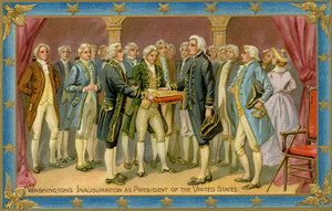 George Washingtonin presidentin virkaanastujaisia kuvaava postikortti (painettu) tekijältä American School