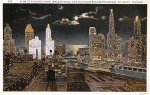 Postikortti Chicagosta yöllä, noin 1930 tekijältä American School