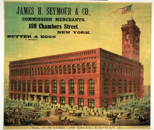 Mainosjuliste James H. Seymour & Co. Commission Merchantsista New Yorkin tuotepörssissä, kaiverrus Sacket, Wilhelms ja Betzig, n. 1885