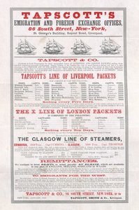 Mainosjuliste Tapscotts Emigration and Foreign Exchange Offices, New York, tammikuu 1859
