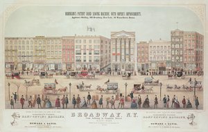 Juliste näkymästä Broadwaylle Anthonysta Franklin Streetille, mainos Robinsons Patent Hand Sewing Machine, 1855