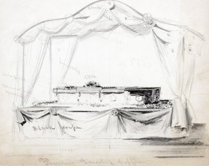 Presidentti Abraham Lincolnin arkku makaa valtiossa Valkoisessa talossa Washington D.C.:ssä huhtikuussa 1865 (lyijykynä, muste ja pesu paperille) tekijältä American School