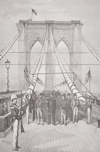 Presidentti Chester A. Arthur uuden Brooklyn Bridgen avajaisseremoniassa 24. toukokuuta 1883 (litho) tekijältä American School