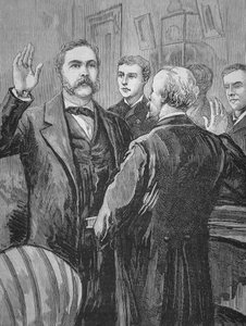 Presidentti Chester A. Arthur vannoi virkavalan James Garfieldin kuoleman jälkeen 20. syyskuuta 1881 (litho) tekijältä American School