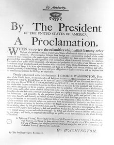 Presidentti George Washingtonin (1732-1799) julistus erottaa torstai 19. helmikuuta julkisen kiitospäivän ja rukouksen päiväksi, 1795 (sanomalehtipaperi) tekijältä American School