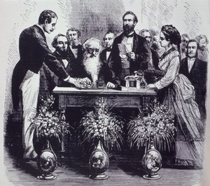 Professori Samuel Finley Breese Morse (1791-1872) selittää keksintönsä tehtävän tekijältä American School