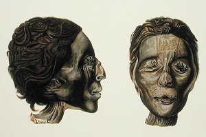 Naismuumion profiili ja kasvot Gizehistä, osa II, levy XXVII Samuel Augustus Binionin muinaisesta Egyptistä, julkaistu 1887 (sävytetty kromolito) tekijältä American School