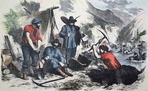 Kalifornian kultaryntäyksen aikana vuonna 1849 (värilitografia). tekijältä American School