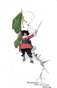Esitys merirosvosta, joka heittää haasteen - yhdysvaltalaisen kuvittajan Howard Pylen (1853 - 1911) teoksessa "" Book of Pirates Buccaneers and Marooners of the Spanish Main" tekijältä American School