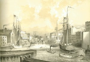 Rush Street Bridge, Näkymä State Streetiltä, Chicago Illustrated, James W. Sheahanin kirjalliset kuvaukset, julkaisija Jevne & Almini, Chicago, 1866-67 tekijältä American School